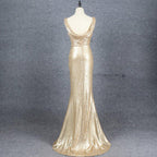 NumberSea - Champagne Sequins Low Back Long Bridesmaid Dresses, Mermaid Prom Dress Party Dress