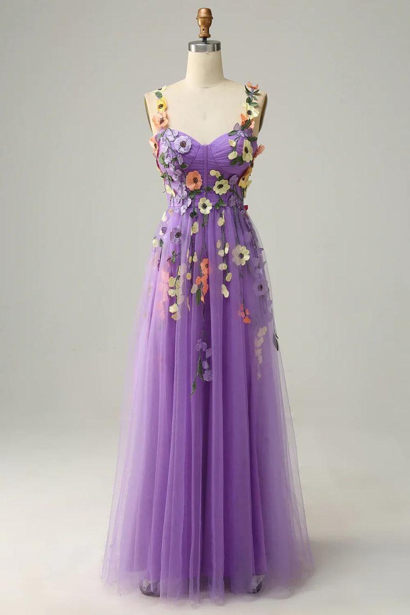 NumberSea - Champagne Spaghetti Straps Prom Dress With 3D Flowers