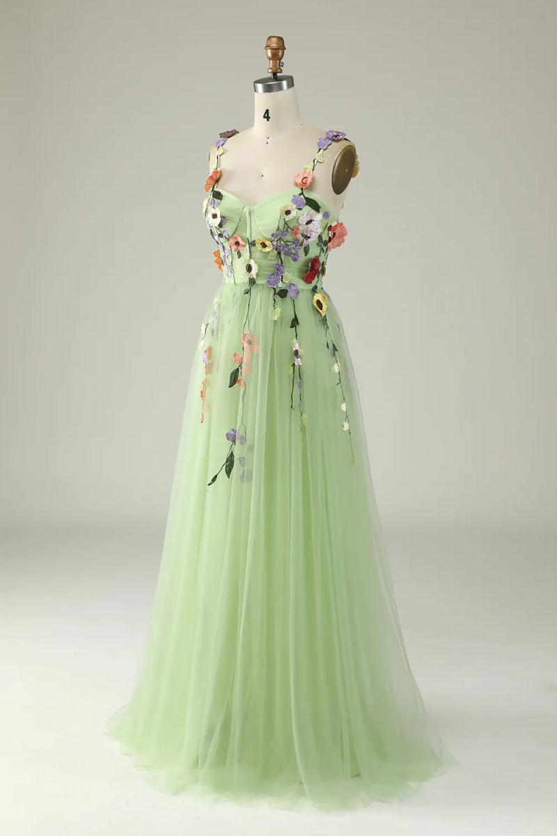 NumberSea - Champagne Spaghetti Straps Prom Dress With 3D Flowers