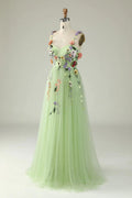 NumberSea - Champagne Spaghetti Straps Prom Dress With 3D Flowers