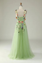 NumberSea - Champagne Spaghetti Straps Prom Dress With 3D Flowers