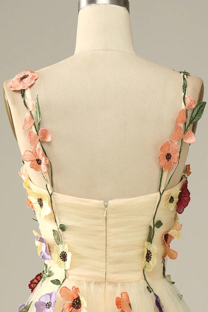 NumberSea - Champagne Spaghetti Straps Prom Dress With 3D Flowers