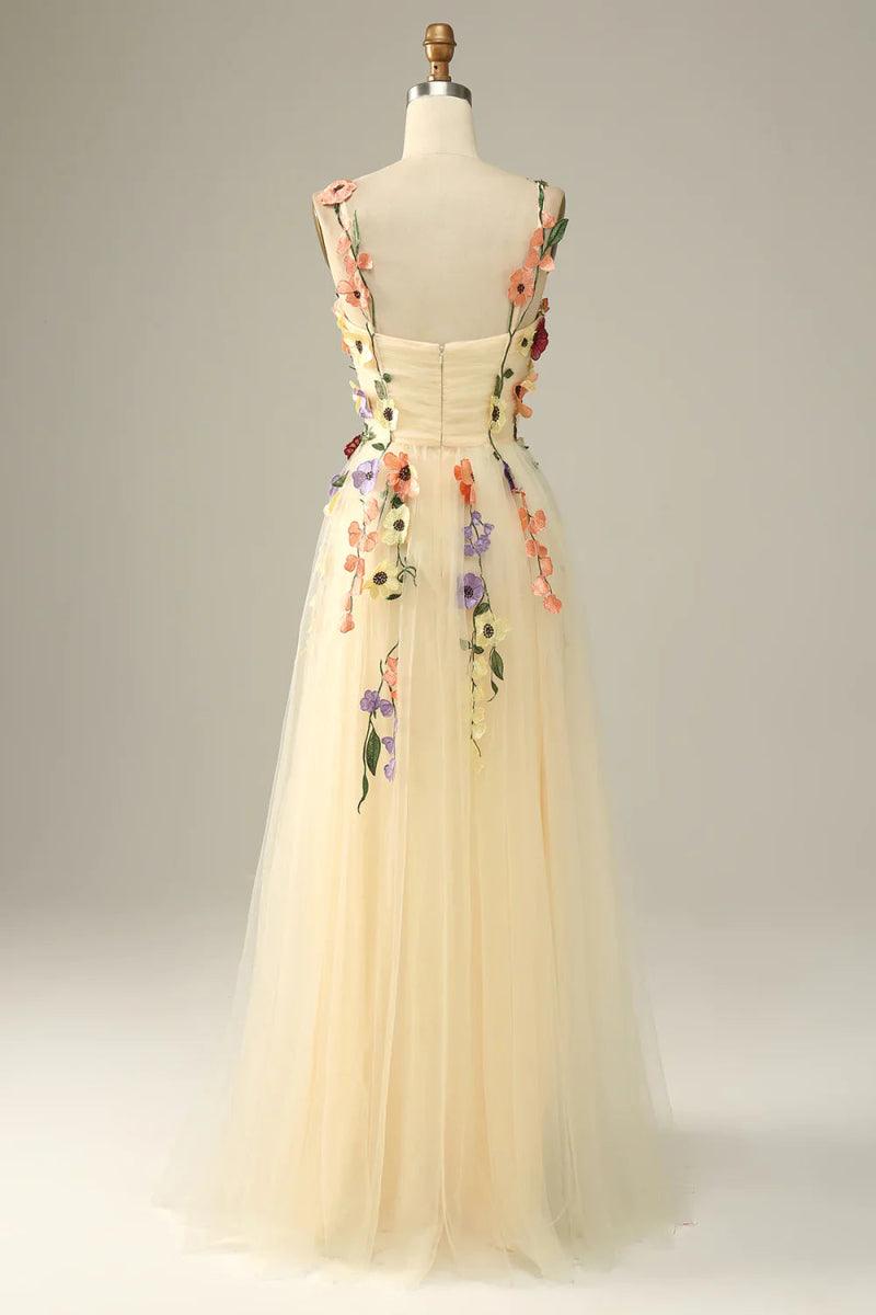 NumberSea - Champagne Spaghetti Straps Prom Dress With 3D Flowers