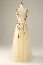 NumberSea - Champagne Spaghetti Straps Prom Dress With 3D Flowers