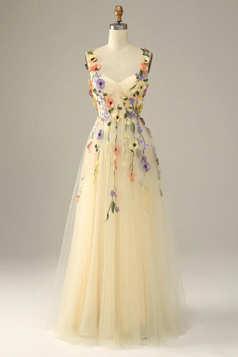 NumberSea - Champagne Spaghetti Straps Prom Dress With 3D Flowers