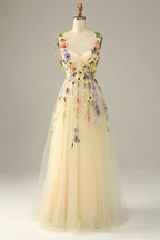NumberSea - Champagne Spaghetti Straps Prom Dress With 3D Flowers