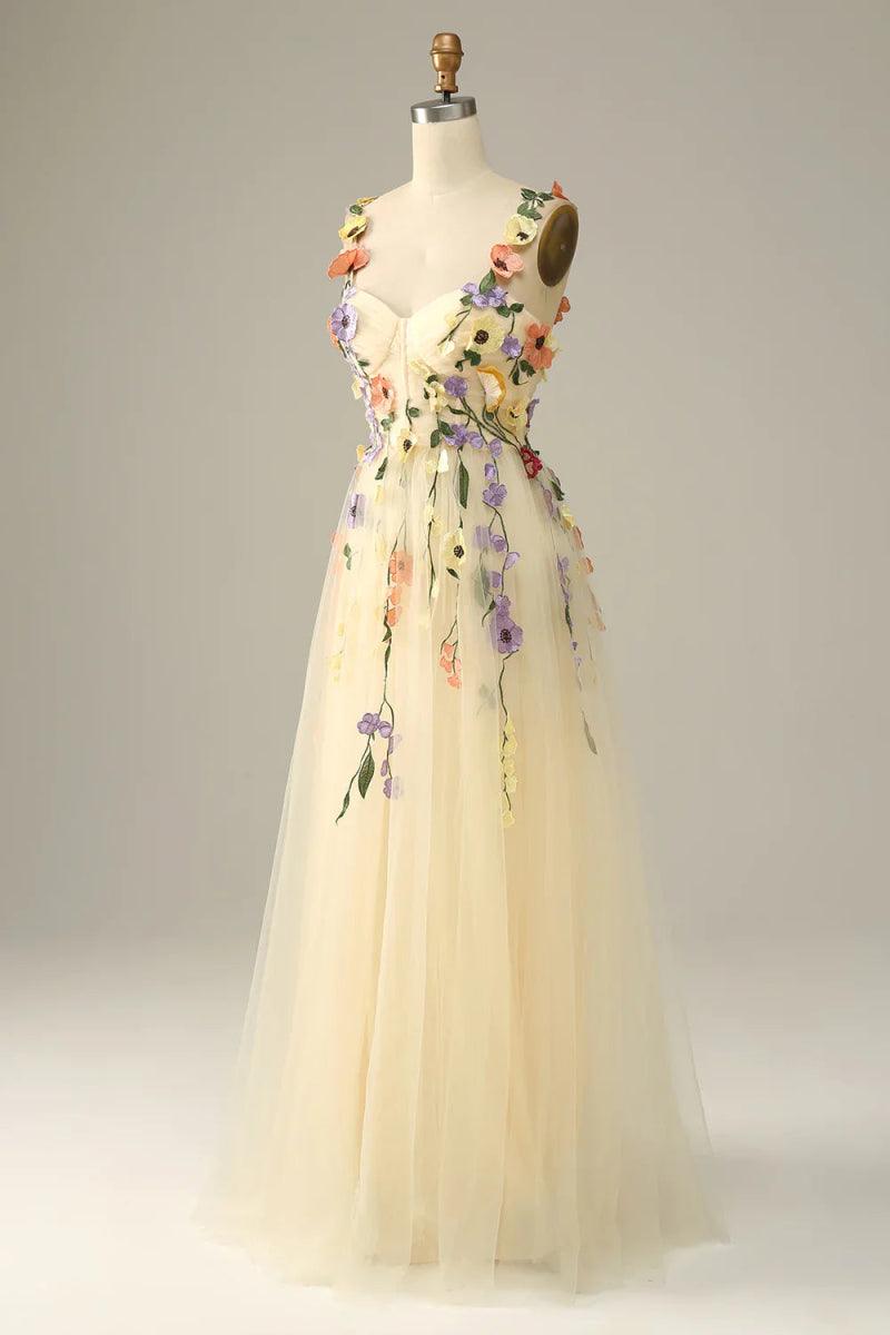 NumberSea - Champagne Spaghetti Straps Prom Dress With 3D Flowers