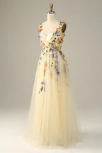 NumberSea - Champagne Spaghetti Straps Prom Dress With 3D Flowers