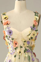 NumberSea - Champagne Spaghetti Straps Prom Dress With 3D Flowers
