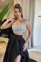 Charmantes A-Linie Satin Quadratisches Ärmelloses Schwarzes Ballkleid mit Schlitz
