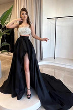 Charmantes A-Linie Satin Quadratisches Ärmelloses Schwarzes Ballkleid mit Schlitz