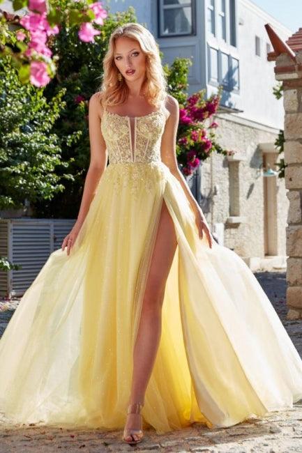 Charmantes A-Linien-Ballkleid mit Tüllspitze, Spaghettiträgern und ärmellosem Abschlussballkleid mit Schlitz vorne