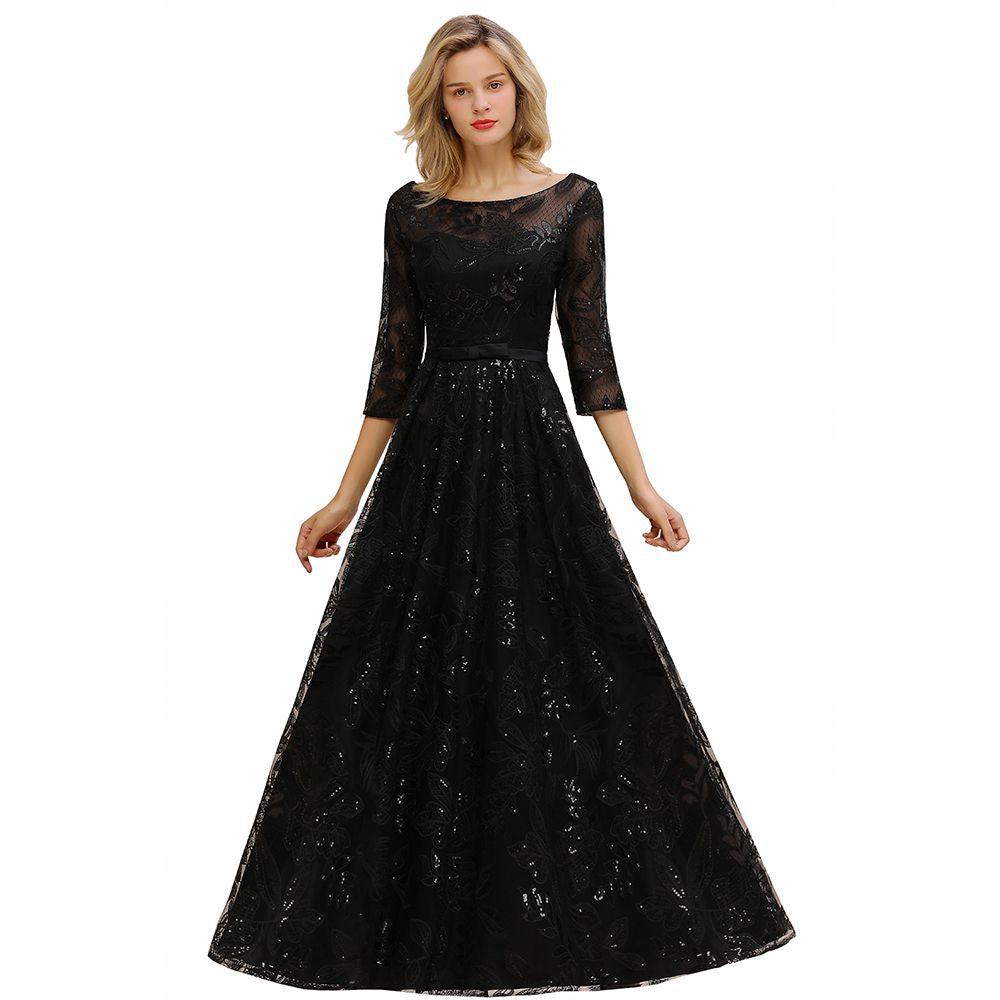 Charmantes schwarzes Abendkleid mit halblangen Ärmeln und Tüll-Pailletten im 20er-Jahre-Aline-Stil