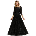 Charmantes schwarzes Abendkleid mit halblangen Ärmeln und Tüll-Pailletten im 20er-Jahre-Aline-Stil
