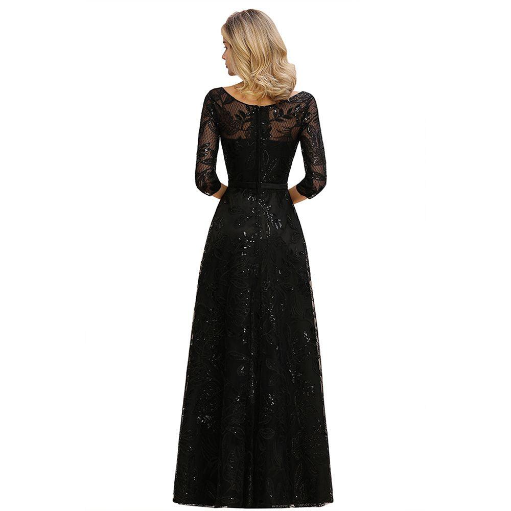 Charmantes schwarzes Abendkleid mit halblangen Ärmeln und Tüll-Pailletten im 20er-Jahre-Aline-Stil