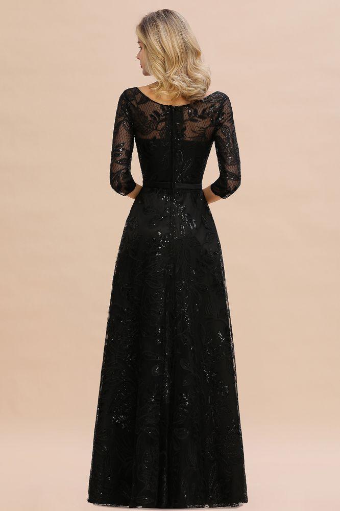 Charmantes schwarzes Abendkleid mit halblangen Ärmeln und Tüll-Pailletten im 20er-Jahre-Aline-Stil
