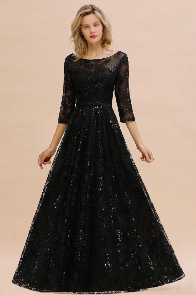Charmantes schwarzes Abendkleid mit halblangen Ärmeln und Tüll-Pailletten im 20er-Jahre-Aline-Stil