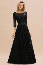 Charmantes schwarzes Abendkleid mit halblangen Ärmeln und Tüll-Pailletten im 20er-Jahre-Aline-Stil