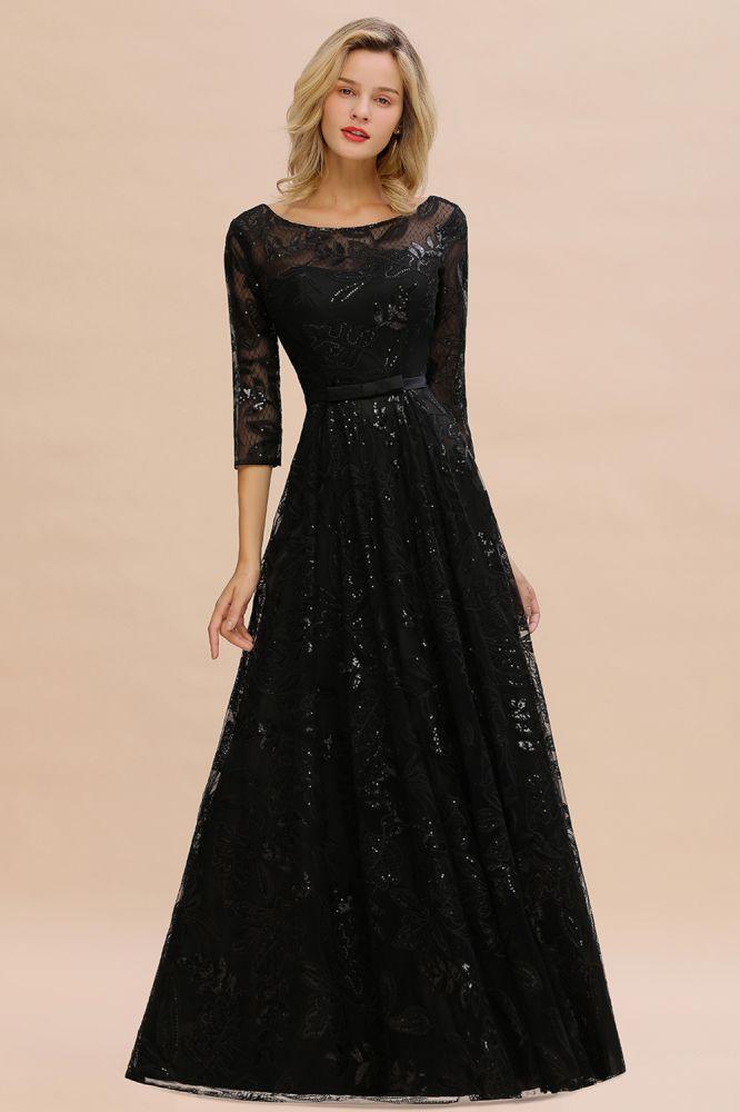 Charmantes schwarzes Abendkleid mit halblangen Ärmeln und Tüll-Pailletten im 20er-Jahre-Aline-Stil