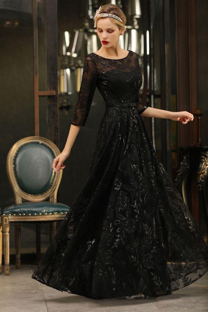 Charmantes schwarzes Abendkleid mit halblangen Ärmeln und Tüll-Pailletten im 20er-Jahre-Aline-Stil