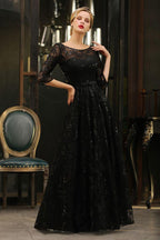 Charmantes schwarzes Abendkleid mit halblangen Ärmeln und Tüll-Pailletten im 20er-Jahre-Aline-Stil
