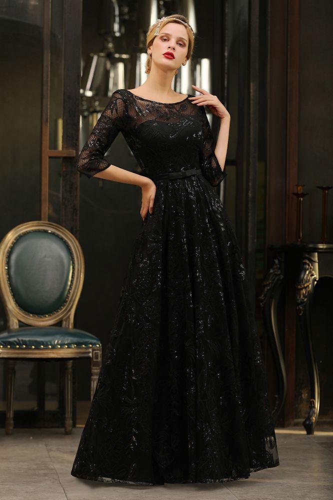 Charmantes schwarzes Abendkleid mit halblangen Ärmeln und Tüll-Pailletten im 20er-Jahre-Aline-Stil