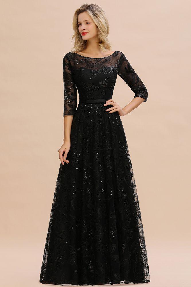 Charmantes schwarzes Abendkleid mit halblangen Ärmeln und Tüll-Pailletten im 20er-Jahre-Aline-Stil