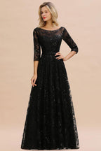 Charmantes schwarzes Abendkleid mit halblangen Ärmeln und Tüll-Pailletten im 20er-Jahre-Aline-Stil