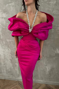Charmantes, säulenförmiges, Satin-Neckholder-Abendkleid mit halblangen Ärmeln in Rosa mit Schleife