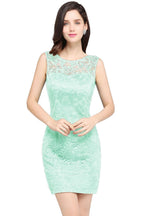 Encantadores vestidos de dama de honor cortos de encaje sin mangas con escote en forma de columna