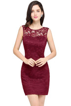 Encantadores vestidos de dama de honor cortos de encaje sin mangas con escote en forma de columna