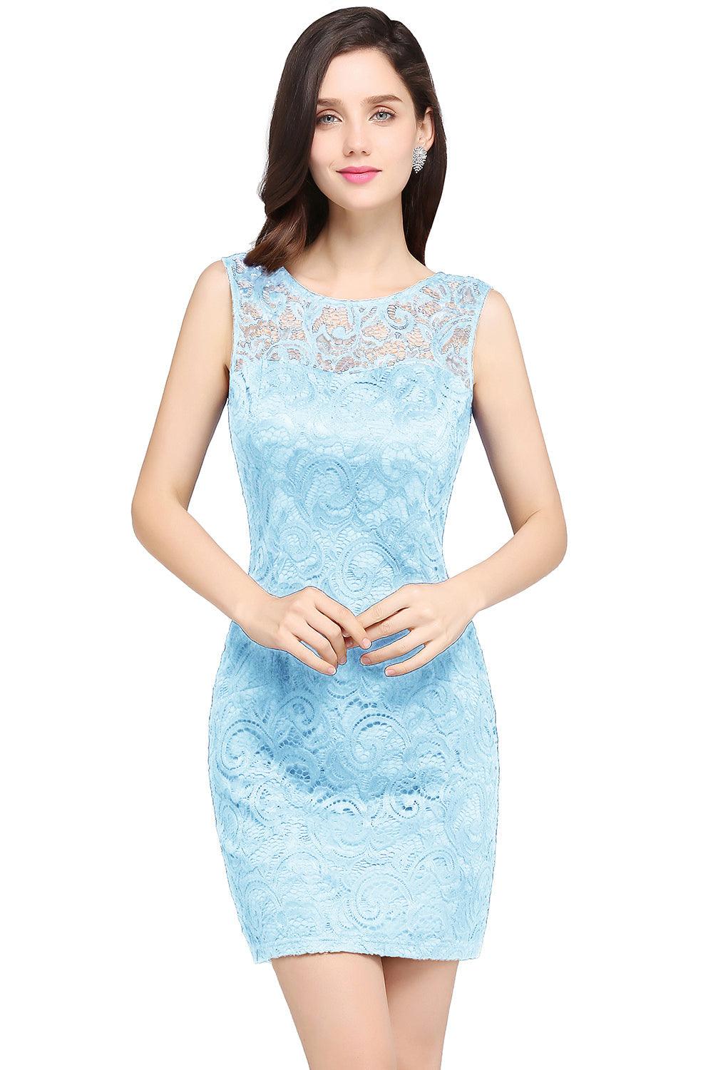 Encantadores vestidos de dama de honor cortos de encaje sin mangas con escote en forma de columna