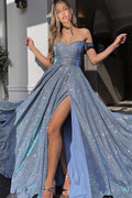 Charmantes bodenlanges, schulterfreies A-Linien-Ballkleid mit Pailletten und Schlitz