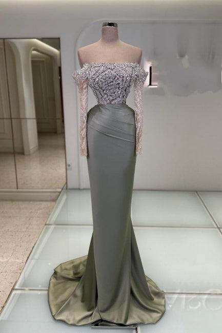 Bezauberndes langes Meerjungfrau-Ballkleid mit schulterfreiem Spitzen-Glitzer und langen Ärmeln