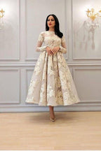 Charmantes Abendkleid mit langen Ärmeln und Blumenmuster in A-Linie, knöchellanges Partykleid