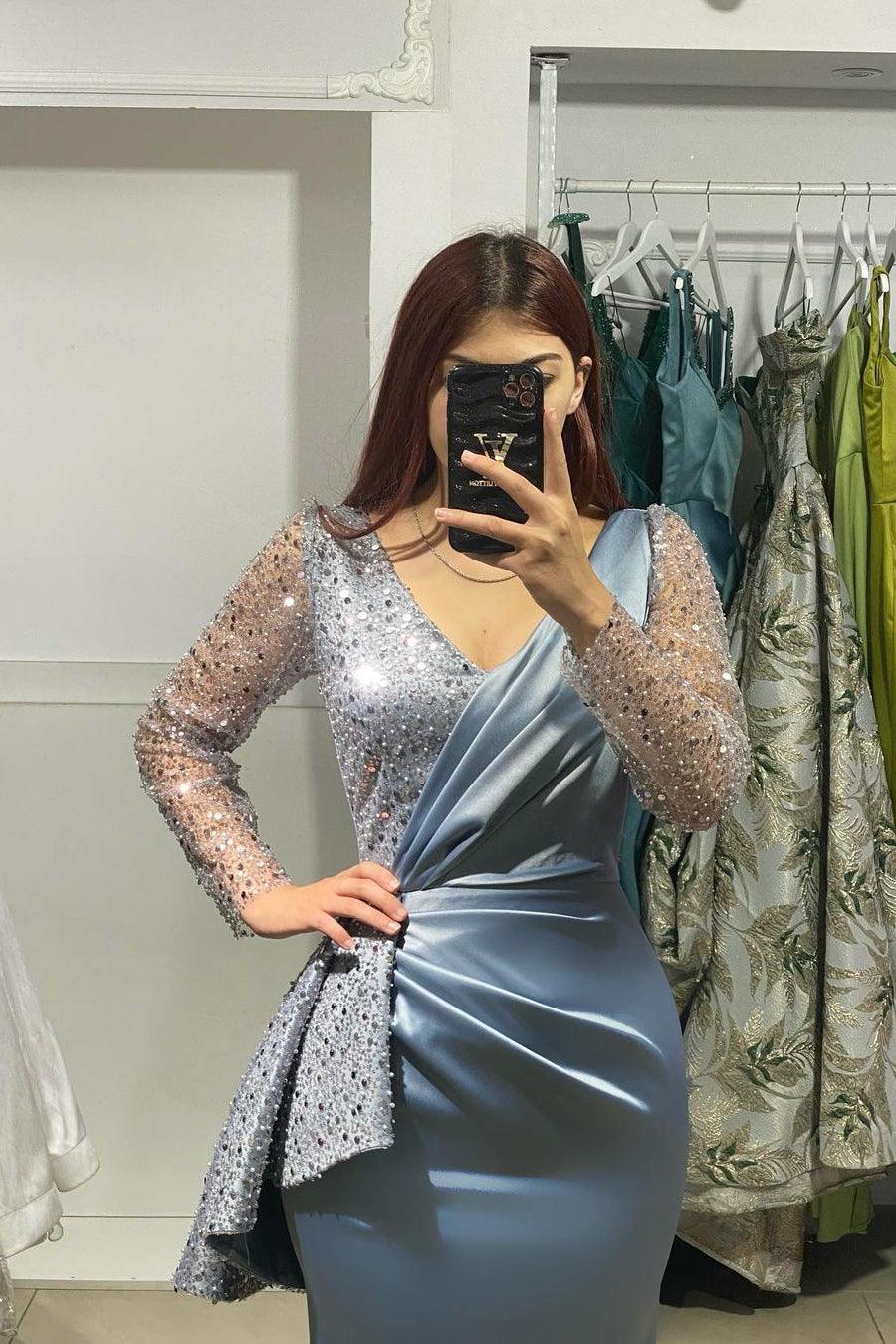 Vestido de fiesta de sirena con escote en V y mangas largas, encantador, con diamantes de imitación