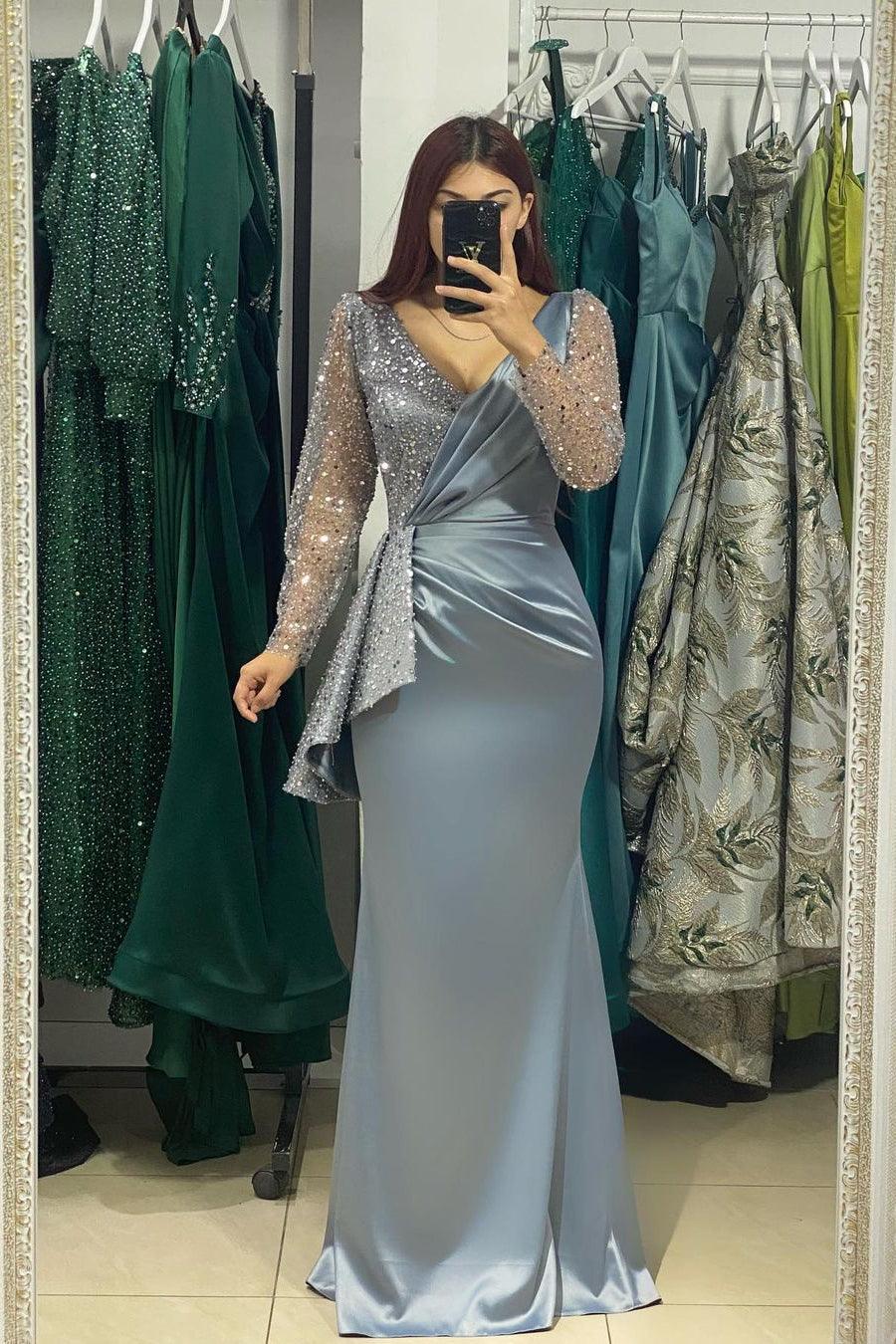 Vestido de fiesta de sirena con escote en V y mangas largas, encantador, con diamantes de imitación