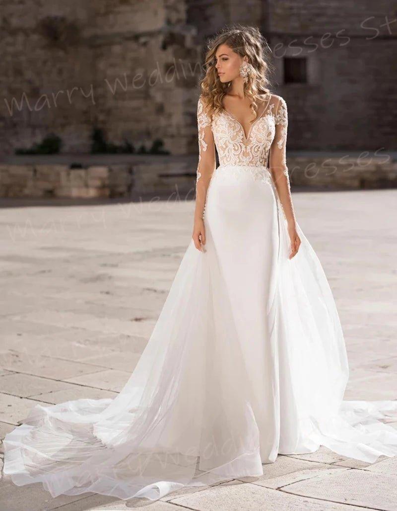 NumberSea - Charming Mermaid Beautiful Women's Wedding Dresses Classic Lace Appliques Bride Gowns With Detachable Train Vestidos Novias Boda