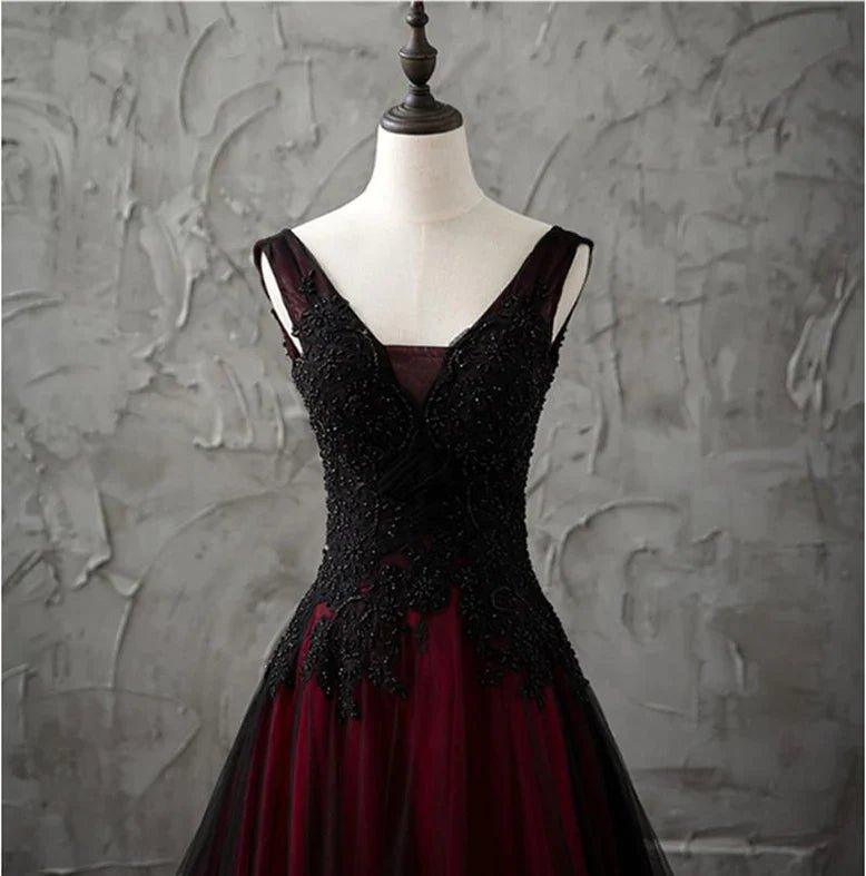 NumberSea - Charming Sleeveless Black and Red Lace Appliques Beaded Party Dress, Low Back Prom Dress