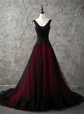 NumberSea - Charming Sleeveless Black and Red Lace Appliques Beaded Party Dress, Low Back Prom Dress
