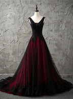 NumberSea - Charming Sleeveless Black and Red Lace Appliques Beaded Party Dress, Low Back Prom Dress