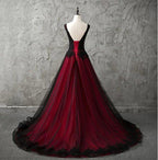 NumberSea - Charming Sleeveless Black and Red Lace Appliques Beaded Party Dress, Low Back Prom Dress