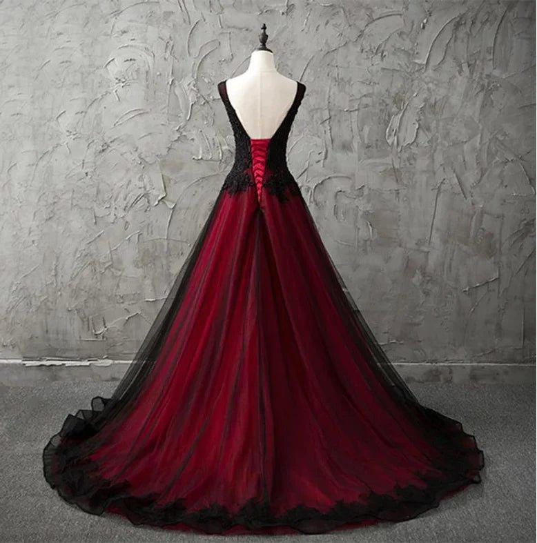 NumberSea - Charming Sleeveless Black and Red Lace Appliques Beaded Party Dress, Low Back Prom Dress
