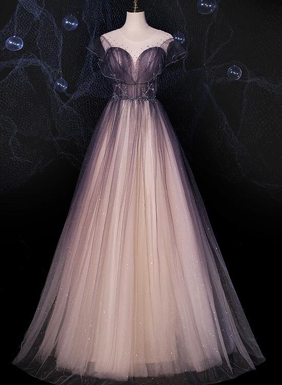 NumberSea - Charming Tulle Gradient Cap Sleeves Long Party Dress, A - Line Evening Gown