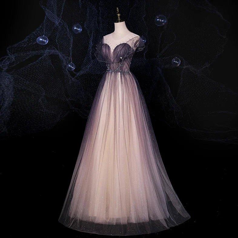 NumberSea - Charming Tulle Gradient Cap Sleeves Long Party Dress, A - Line Evening Gown