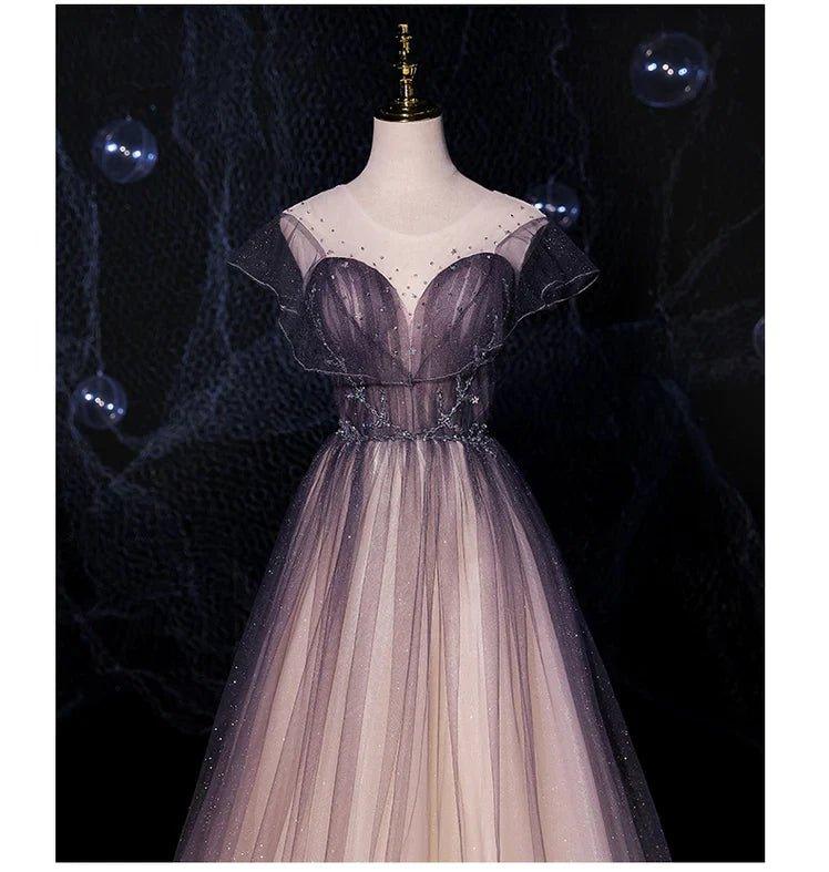 NumberSea - Charming Tulle Gradient Cap Sleeves Long Party Dress, A - Line Evening Gown