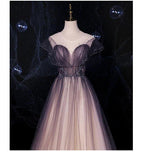 NumberSea - Charming Tulle Gradient Cap Sleeves Long Party Dress, A - Line Evening Gown