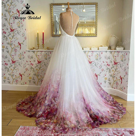 NumberSea - Chaste Print Flower Garden Bridal V Neck Princess Wedding Dress 2025 Vestidos Wedding Gowns Ball Gowns Custom Made NumberSea