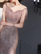 Vestidos de fiesta de sirena/trompeta, elegantes, para graduación, cumpleaños, largo hasta el suelo, sin mangas, cuello joya, encaje con flecos y borlas.