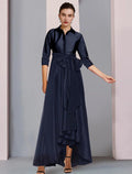 Vestido elegante para madre de la novia, talla grande, cuello camisero alto bajo, asimétrico, largo hasta el suelo, satén, manga 3/4, con faja/cinta, lazo(s), pliegues.